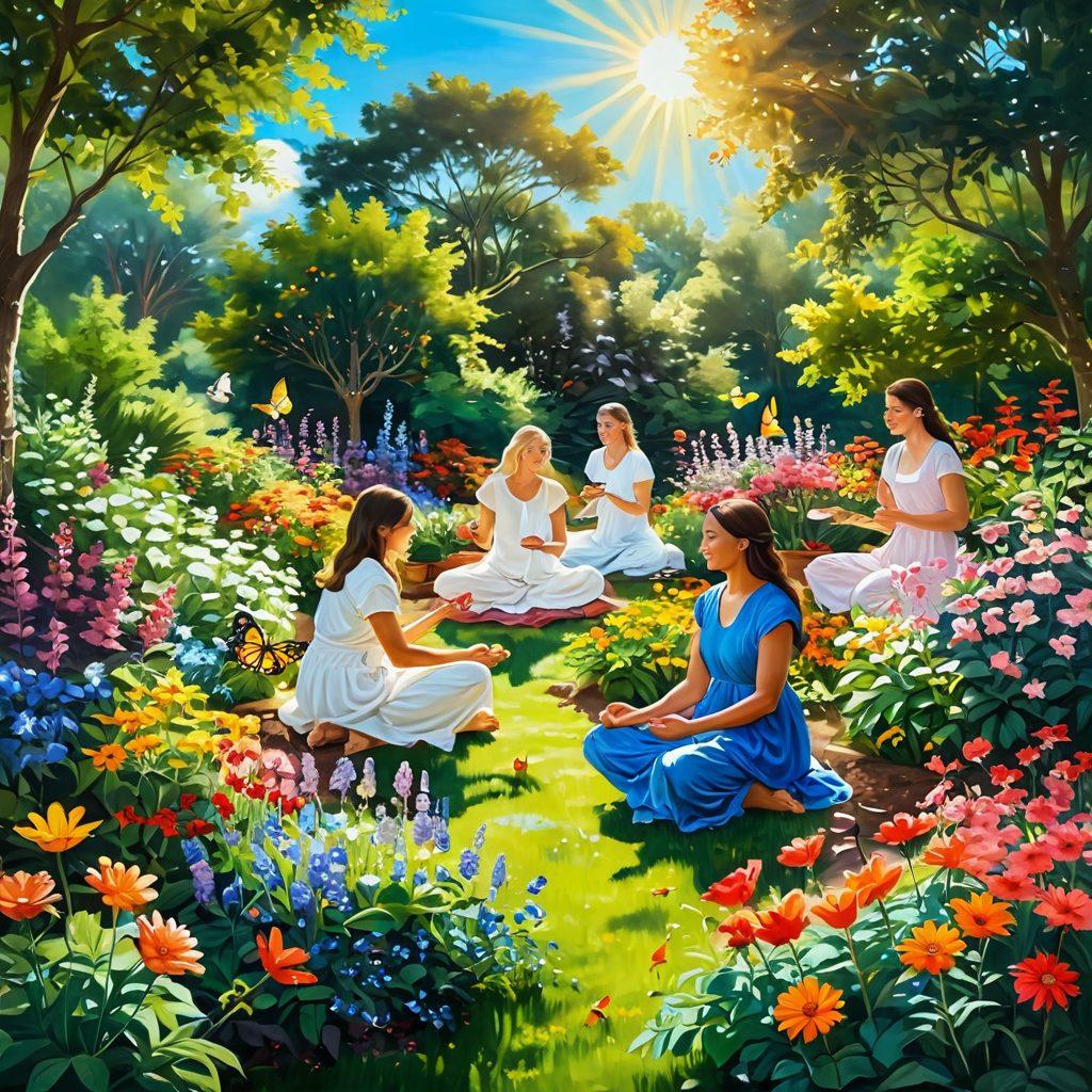 A serene garden filled with blooming flowers and lush greenery, where a diverse group of people are engaging in joyful activities such as gardening, meditation, and laughter. In the background, a bright sun casting warm rays, symbolizing happiness and contentment, with butterflies fluttering around. The scene should evoke a sense of peace and exuberance. vibrant colors. painting.