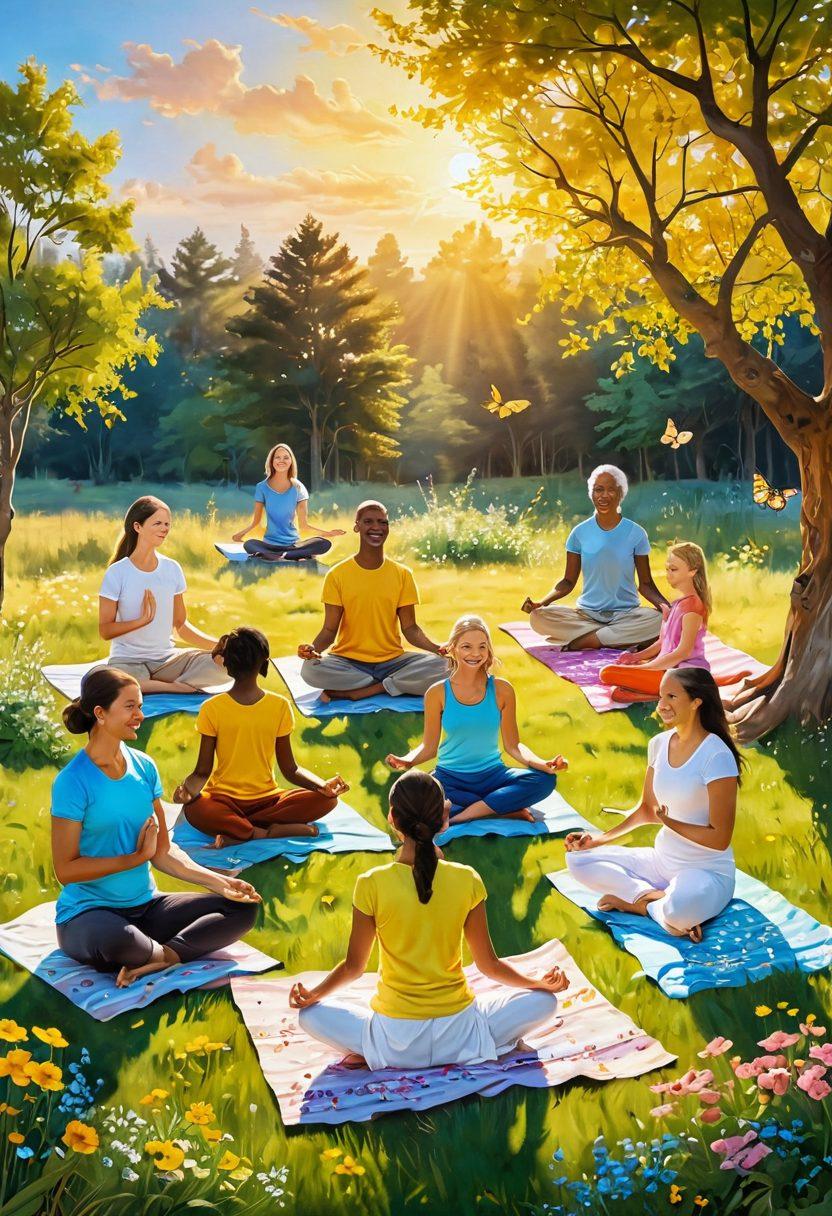 A serene landscape with a radiant sunrise, symbolizing new beginnings and happiness. In the foreground, a diverse group of people of different ages and backgrounds are laughing and engaging in joyful activities like yoga, painting, and sharing a picnic. Soft, whimsical elements like butterflies and blooming flowers surround them, enhancing the feeling of bliss and contentment. Include a warm color palette with bright yellows and gentle blues. painting. vibrant colors.